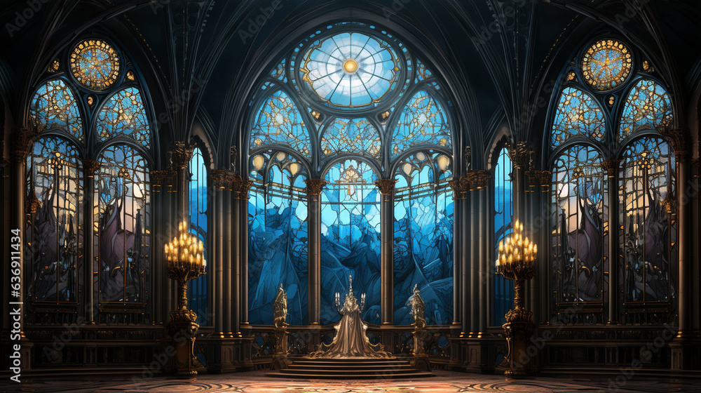 A Renaissance-inspired stained glass window in an opulent palace, featuring regal figures and intricate patterns in a royal setting 