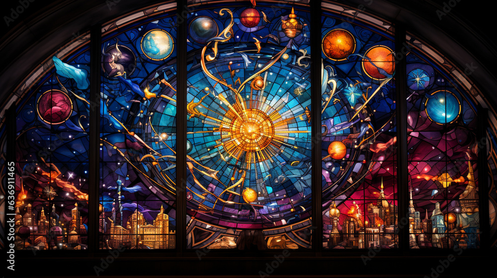 Obraz premium Stained glass window in a university hall, showcasing symbols of knowledge, learning, and exploration in rich and vibrant colors