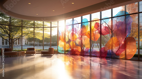 A contemporary stained glass installation in a modern building, using abstract shapes and innovative techniques to create a unique visual experience 