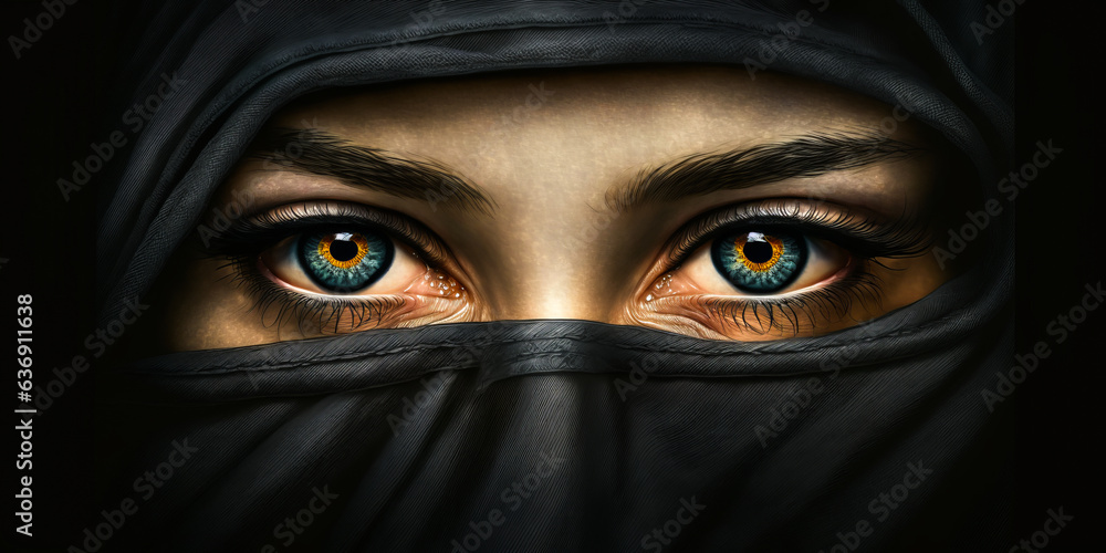 Captivating close-up of a Muslim woman's sorrowful eyes, beautifully emphasized by her veil - evoking deep emotion and cultural richness. Captivating close-up of a Muslim woman's sorrowful eyes, beautifully emphasized by her veil - evoking deep emotion and cultural richness.