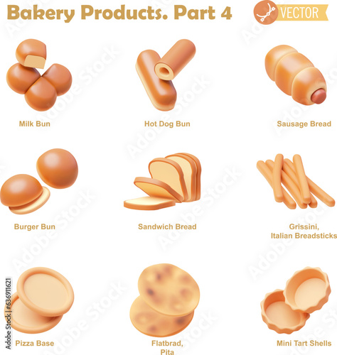 Vector bakery and pastry products icon set. Milk bun, hot dog and burger buns, sausage bread, sandwich bread, grissini, pizza base, flatbread, tart