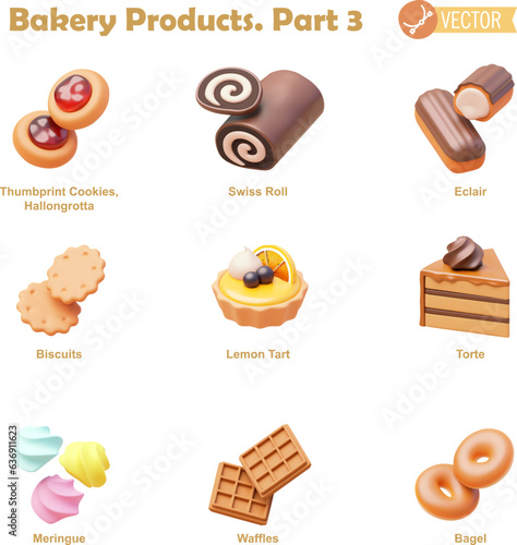 Vector bakery and pastry products icon set. Thumbprint cookies, Swiss roll, eclair, biscuits or cracker, lemon tart, torte, meringue, waffles, bagel