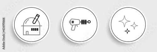 Set line Falling star, Astronomical observatory and Ray gun icon. Vector
