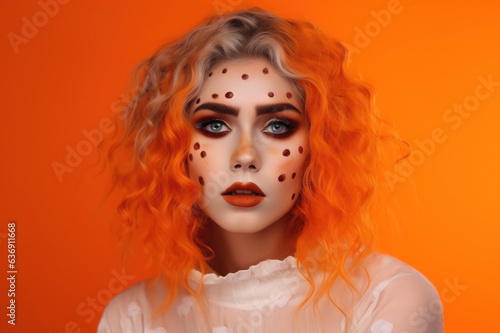 portrait of a woman with creative Halloween makeup, has a creepy look, a woman in a halloween costume, empty space on an orange background. A woman is preparing for the day of the dead. Generative AI.