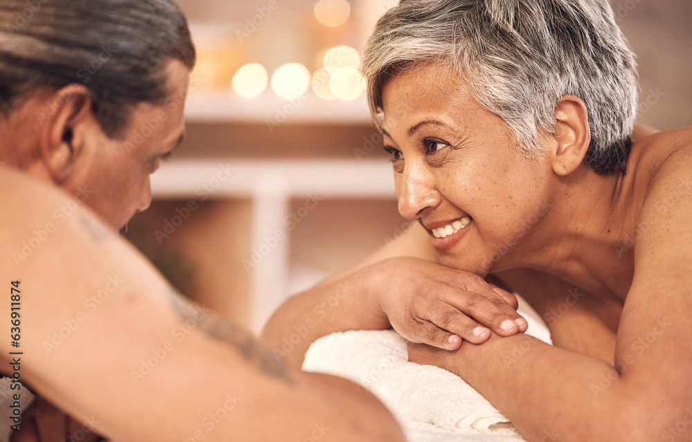 Fototapeta premium Romance, massage and couple relax in spa for holiday, vacation and anniversary celebration. Retirement, luxury resort and mature man and woman in salon for beauty, therapy and skincare treatment
