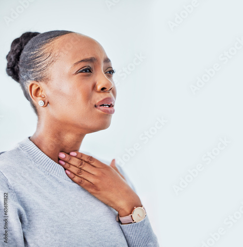 Sick, mockup and black woman with sore throat in studio for influenza, cold or allergies on white background. Cough, tuberculosis and African lady with chest, infection or breathing, lung or problem photo