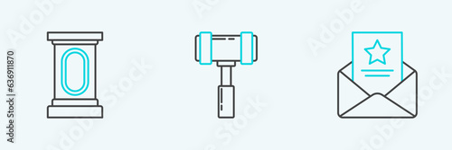 Set line The arrest warrant, Stage stand or debate podium rostrum and Judge gavel icon. Vector