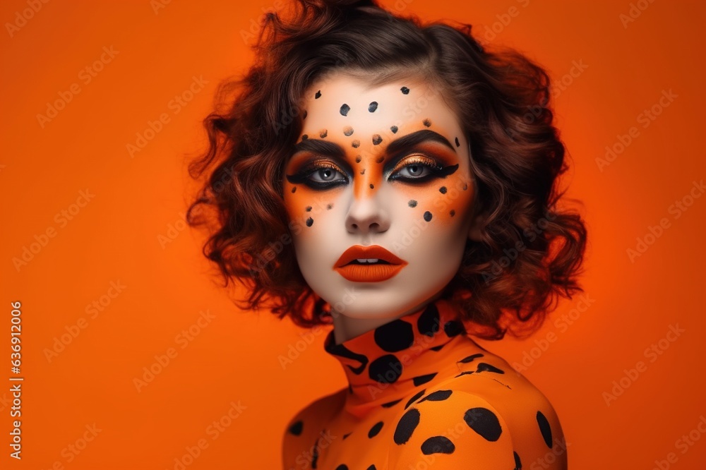 portrait of a woman with creative Halloween makeup, has a creepy look, a woman in a halloween costume, empty space on an orange background. A woman is preparing for the day of the dead. Generative AI.