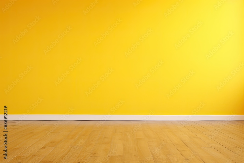 Painted Yellow wall background with copy space, parquet floor Painted Yellow wall background with copy space, parquet floor