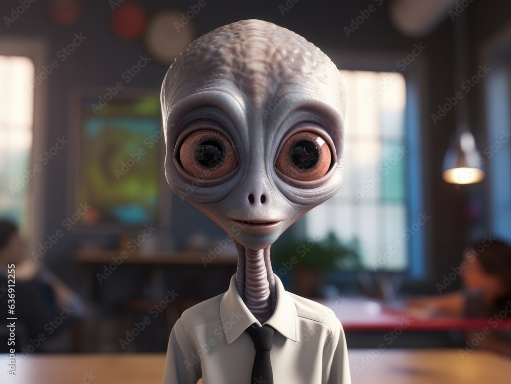 a slim grey alien with big eyes looks directly into the camera as a teacher a slim grey alien with big eyes looks directly into the camera as a teacher