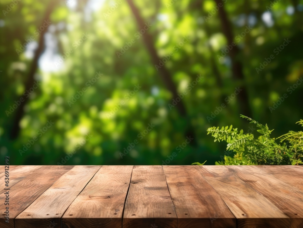 empty wooden table rustical style for product presentation with a blurred green summer forest in the background empty wooden table rustical style for product presentation with a blurred green summer forest in the background