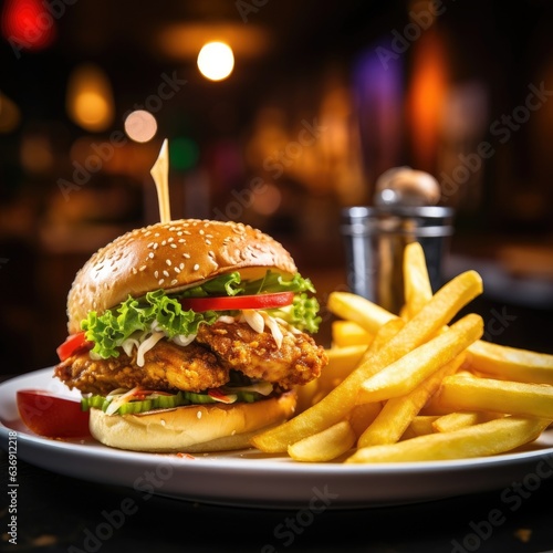 a chicken sandwich with a portion of french fries blurred restaurant in the background