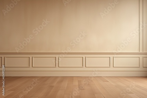 Beige classic wall background with copy space  mock up room  brown parquet floor