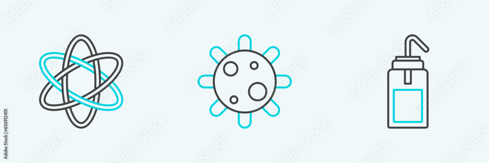 Set line Laboratory wash bottle, Atom and Bacteria icon. Vector Set line Laboratory wash bottle, Atom and Bacteria icon. Vector