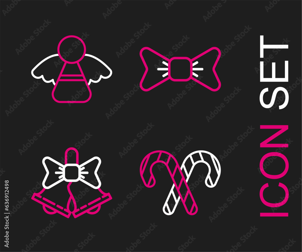 Set line Christmas candy cane with stripes, Merry ringing bell, Bow tie and angel icon. Vector Set line Christmas candy cane with stripes, Merry ringing bell, Bow tie and angel icon. Vector