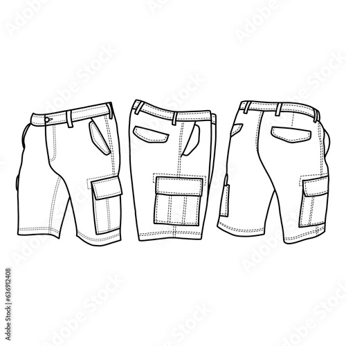 Technical sketch drawing of Short Cargo Pants vector template, front, back and side view, isolated on white background, suitable for your custom short cargo pants design, editable color and stroke.