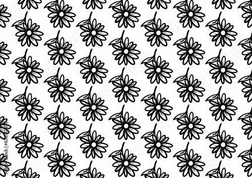 Black drawing line of seamless floral pattern, design for fabrics print or wallpaper, hand drawing vector, Isolated floral elements, daisy, aster, chrysanthemum. Line childish drawings