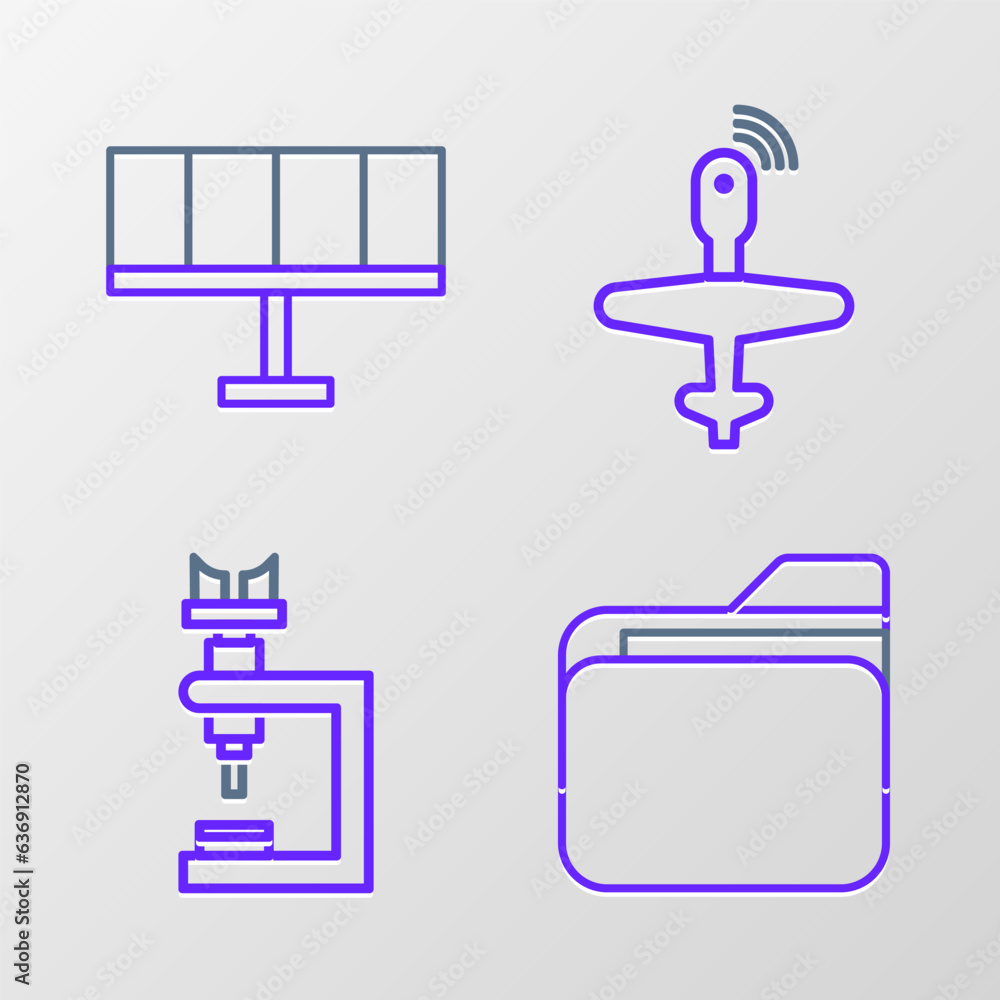 Set line Document folder, Microscope, UAV Drone and Solar energy panel icon. Vector Set line Document folder, Microscope, UAV Drone and Solar energy panel icon. Vector