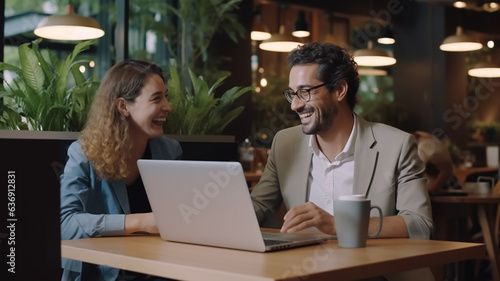 Two happy professional coworkers discussing online plan. Mid aged manager explaining colleague financial project on laptop. Diverse business people using computer in cafe shop. Generative AI