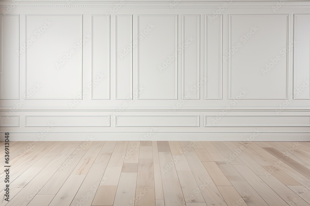 White classic wall with copy space, mock up room, beige colour parquet floor White classic wall with copy space, mock up room, beige colour parquet floor