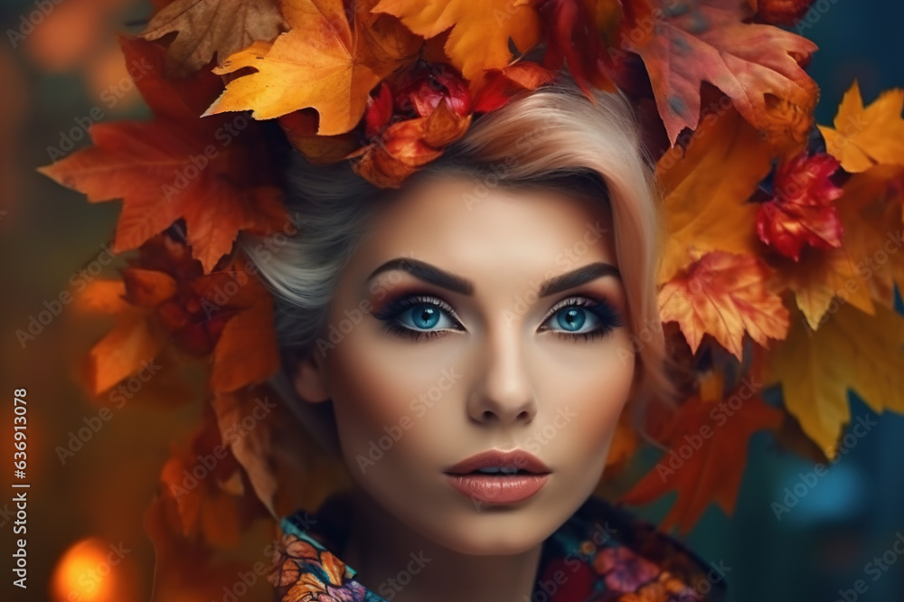 Naklejka premium autumn portrait of a woman with a wreath of leaves on her head. art portrait. fashion and beauty. autumn. generative ai
