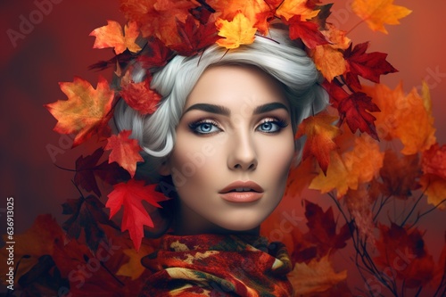 autumn portrait of a woman with a wreath of leaves on her head. art portrait. fashion and beauty. autumn. generative ai