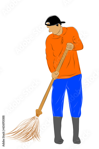 park or road no face sweeper man, simple hand draw sketch, isolated on white
