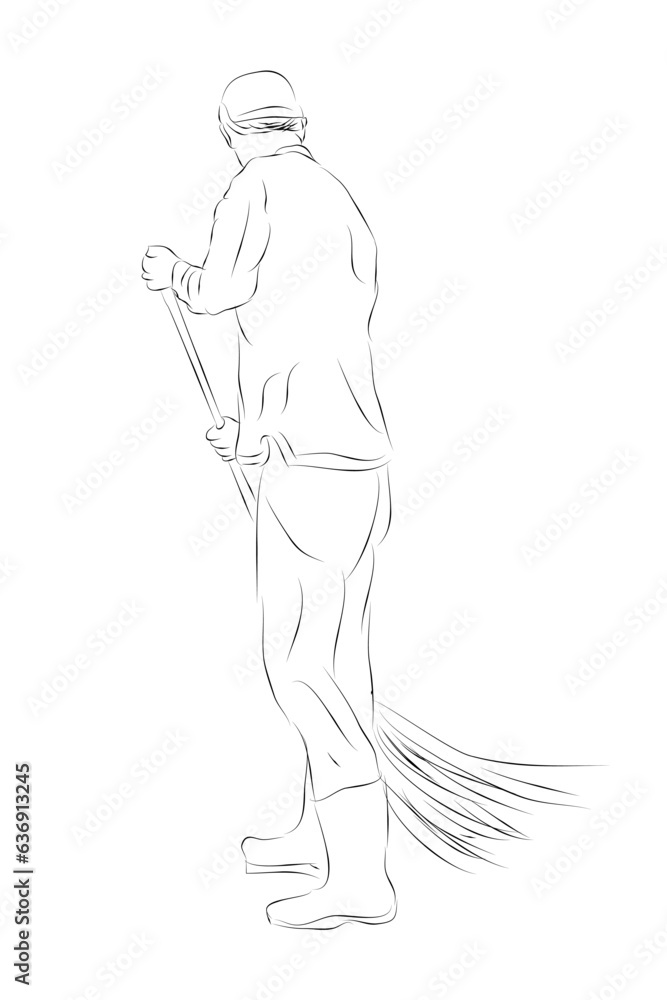 park or road no face sweeper man, simple hand draw sketch, isolated on white
