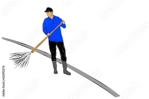 park or road no face sweeper man, simple hand draw sketch, isolated on white
