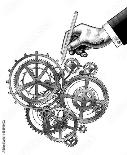 Creation of a gear mechanism. A hand with a pencil and cogwheels of a clockwork mechanism. White and black linear gears with a hole in a flat style on a white background. Vector illustration