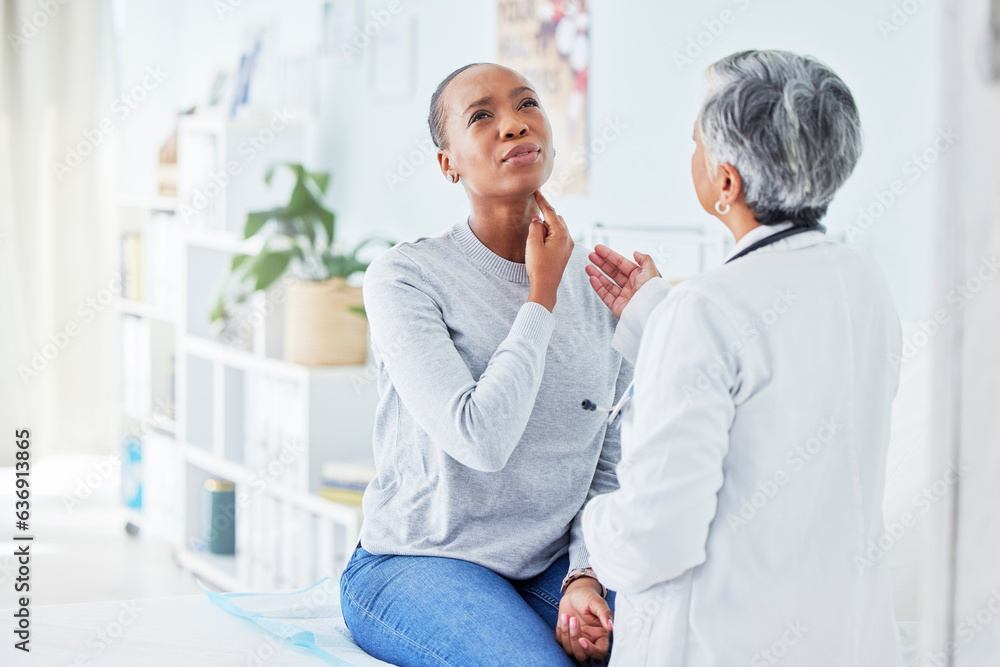 Fototapeta premium Doctor, patient and hospital for sore throat of woman with virus, pain or infection. Health care worker and sick African person to check neck for thyroid, tonsils or respiratory medical consultation