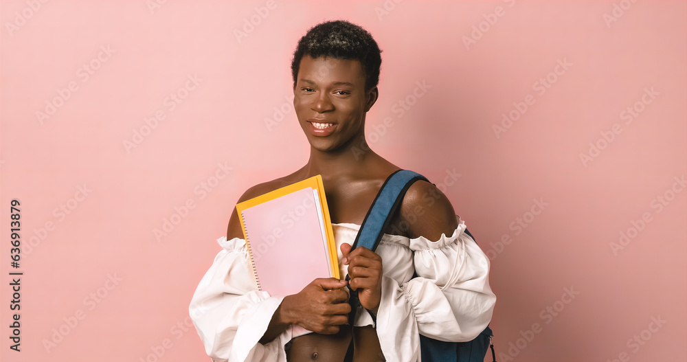 Smiling transgender person carrying a backpack and holding notebooks on an isolated background. Smiling transgender person carrying a backpack and holding notebooks on an isolated background.