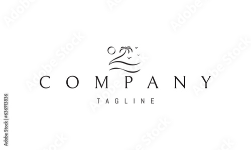 Vector logo on which an abstract image of a palm tree against the background of waves and seagulls.