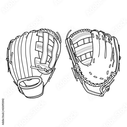 Technical sketch drawing of Baseball glove vector template, front and back view, isolated on white background, suitable for your custom Baseball glove design, editable color and stroke.