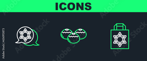 Set line Shopping bag with star of david, Star David and Jewish sweet bakery icon. Vector