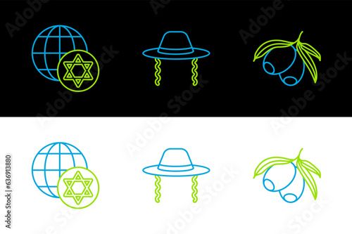 Set line Olives branch, World Globe and Israel and Orthodox jewish hat icon. Vector