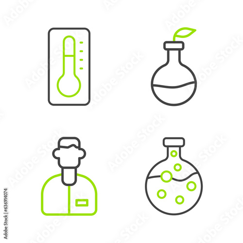 Set line Test tube and flask, Laboratory assistant, Plant breeding and Medical thermometer icon. Vector