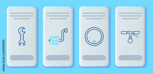 Set line Bicycle pedal, wheel, Wrench spanner and handlebar icon. Vector