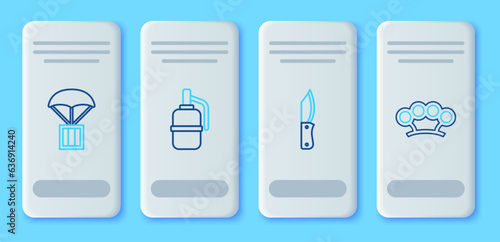 Set line Hand grenade, Military knife, Airdrop box and Brass knuckles icon. Vector