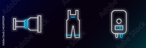 Set line Electric boiler, Pipe adapter and Work overalls icon. Glowing neon. Vector