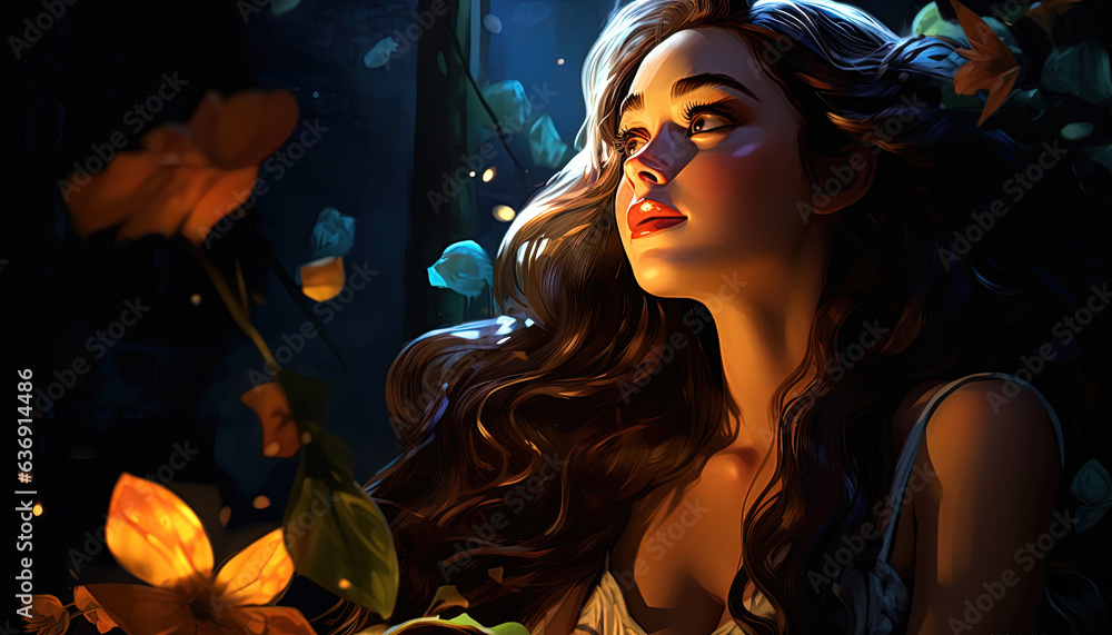 Fototapeta premium Cartoon illustration of a beautiful young fantasy girl, concept digital art, wallpaper background