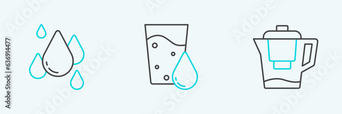 Set line Water jug with a filter, drop and Glass water icon. Vector