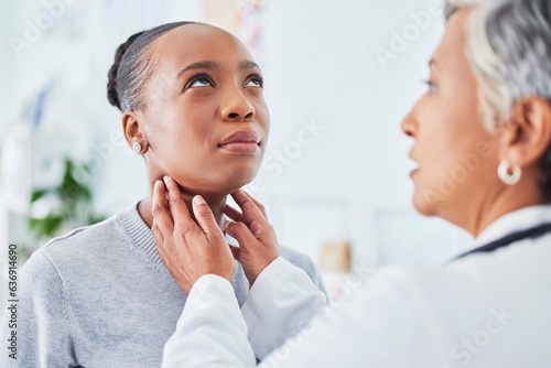 Sore throat, doctor and woman patient in hospital for virus, pain or infection. Healthcare worker and sick African person check neck for thyroid exam or respiratory care at medical consultation photo