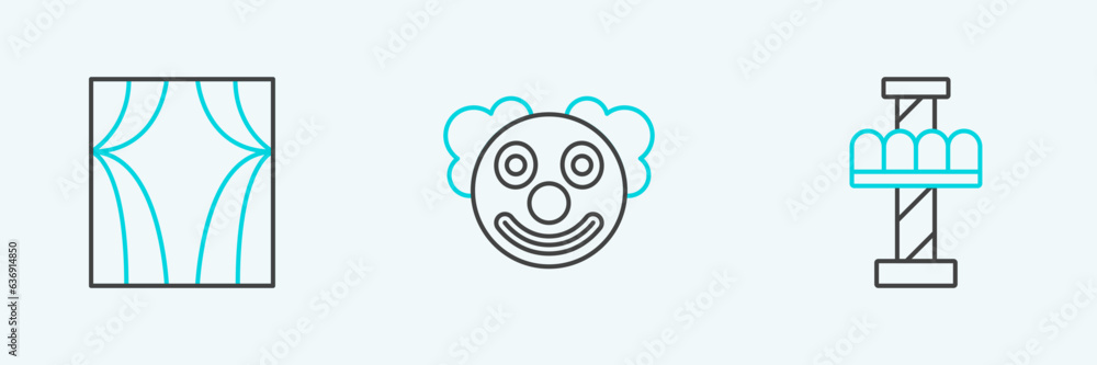 Set line Attraction carousel, Circus curtain raises and Clown head icon. Vector Set line Attraction carousel, Circus curtain raises and Clown head icon. Vector