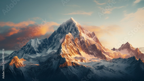 A breathtaking mountain peak catching the last rays of sunlight. AI Generative.