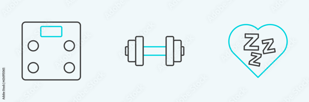 Set line Sleepy, Bathroom scales and Dumbbell icon. Vector Set line Sleepy, Bathroom scales and Dumbbell icon. Vector