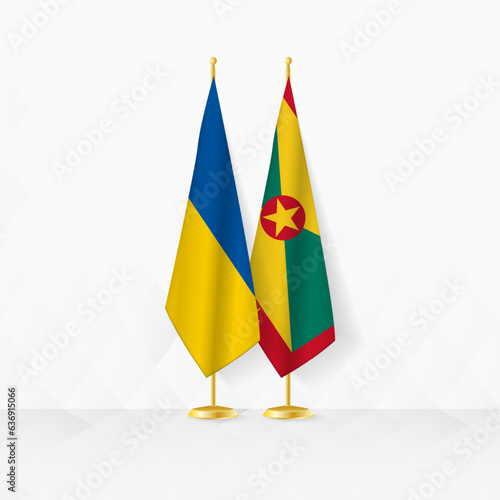 Ukraine and Grenada flags on flag stand, illustration for diplomacy and other meeting between Ukraine and Grenada.