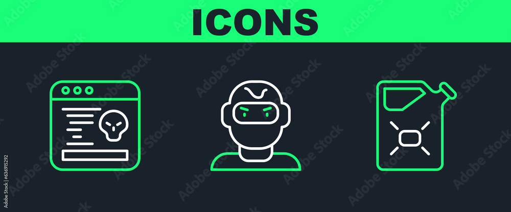 Set line Canister fuel, System bug and Thief mask icon. Vector Set line Canister fuel, System bug and Thief mask icon. Vector