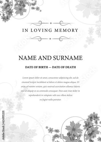 Funeral card. In loving memory of those who are forever in our hearts. Elegant design. Vector illustration.