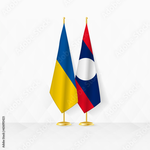 Ukraine and Laos flags on flag stand, illustration for diplomacy and other meeting between Ukraine and Laos.